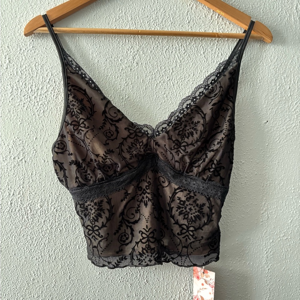 (NWT) Soft Seduction | Black Mesh & Velvet Lace Crop | Size Small
